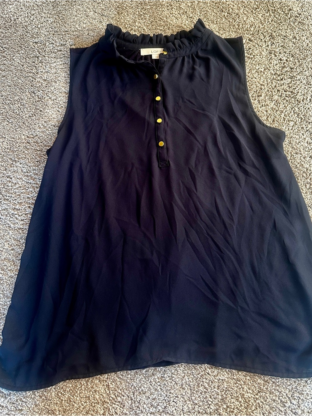 LOFT Navy Sleeveless Ruffle-Neck Blouse with Gold Buttons